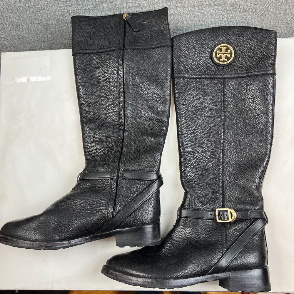 Tory Burch Teresa Logo Pebble Leather Riding Boots Black Size 9M